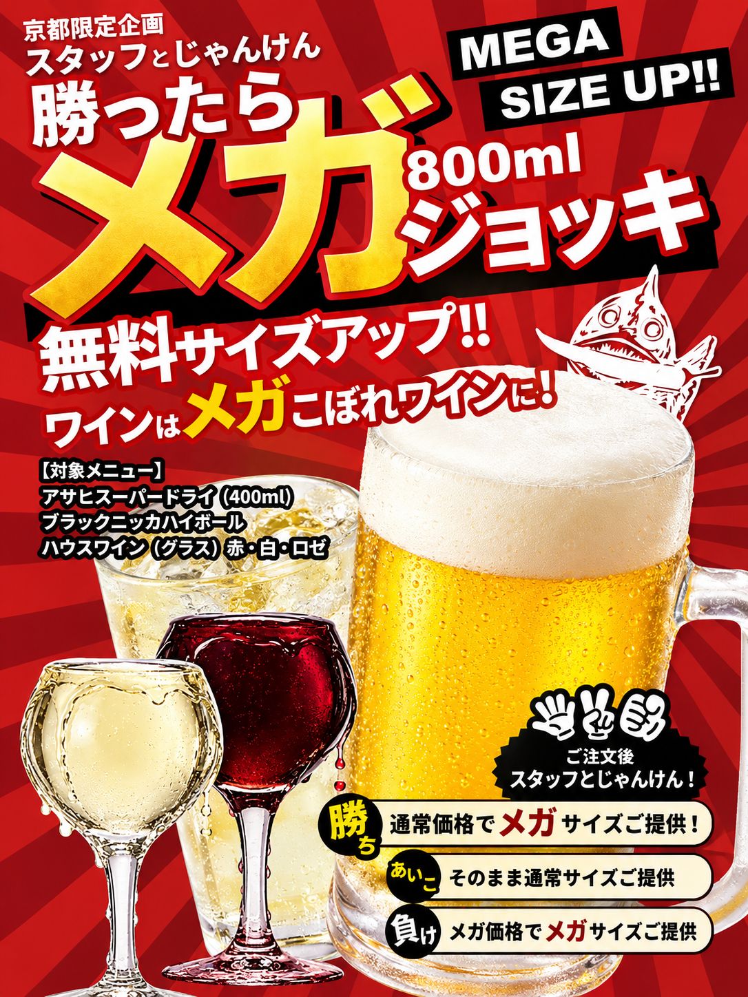 イルキャンティ京都2店舗限定・じゃんけんメガジョッキ。勝ったら通常価格で800mlのメガジョッキ、ワインはメガこぼれワインに。対象ドリンクと勝ち・あいこ・負けのルール。